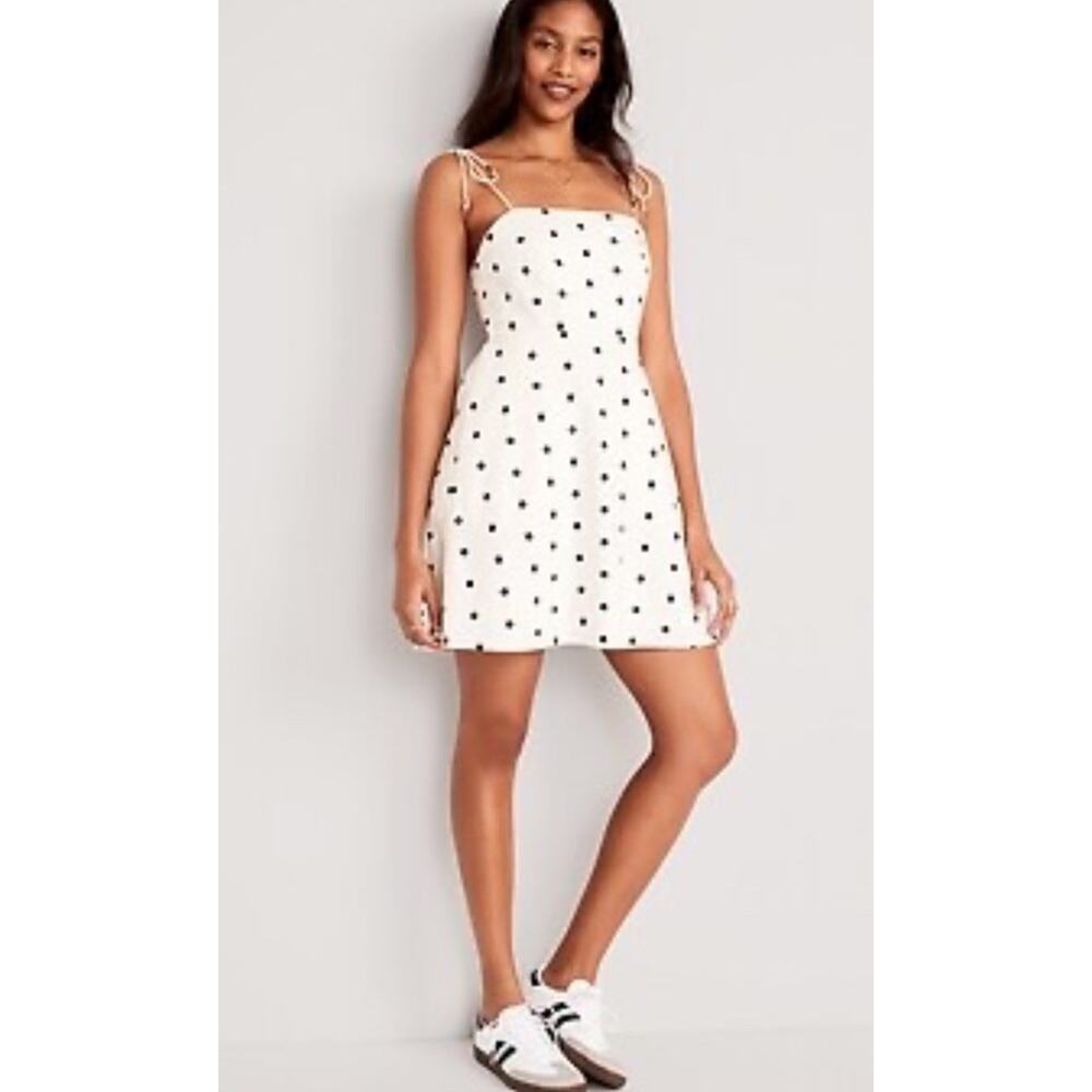 Old Navy Dress Womens Plus 2X Cream Polka Dot Linen Smocked Fit & Flare Dress‎